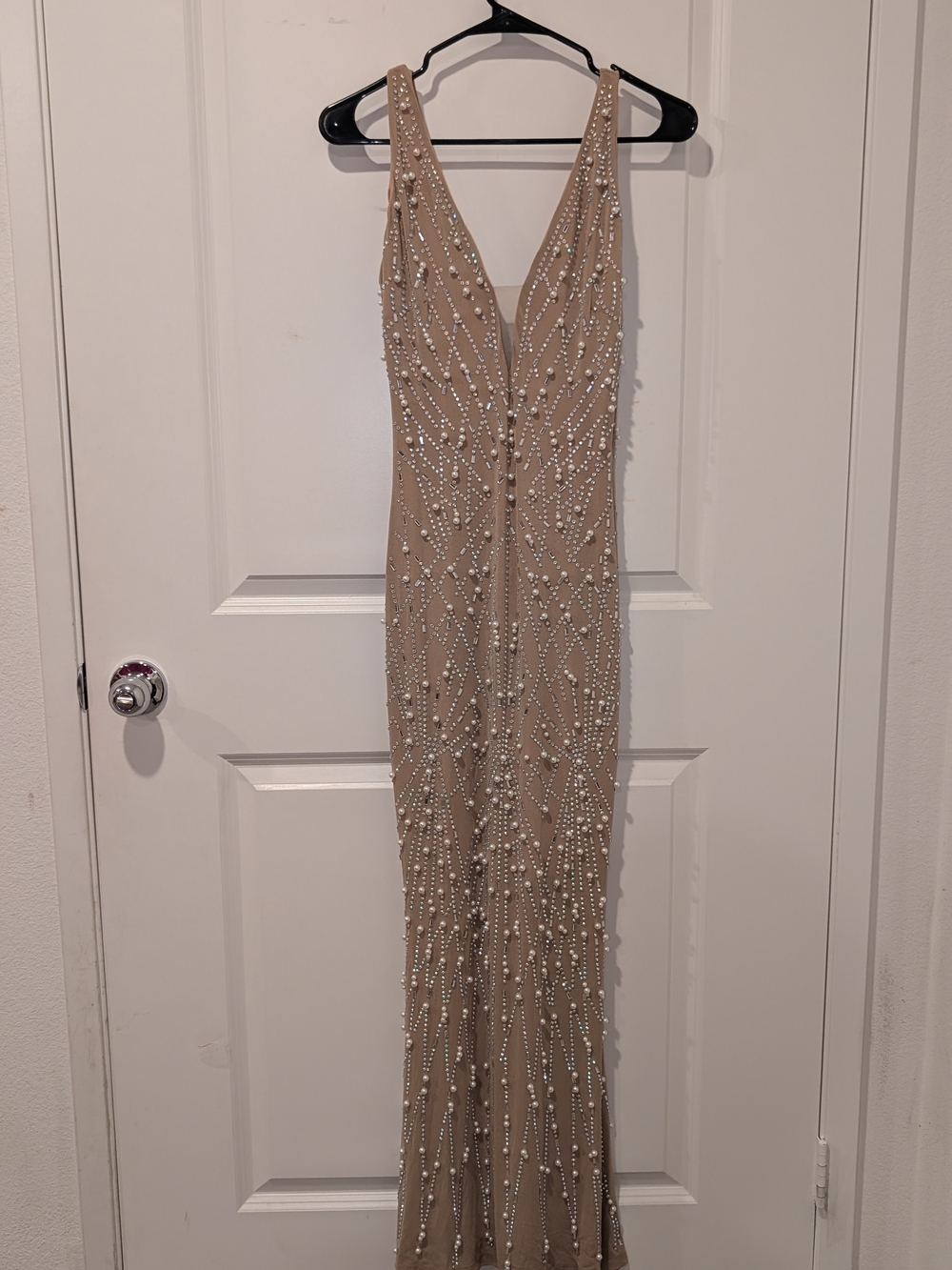 Beaded Nude V-Neck Evening Dress